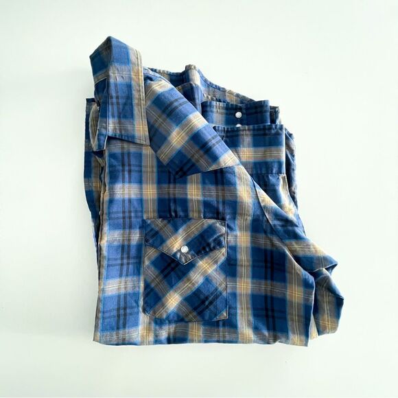MWG Apparel Western Shirt Men's L Snap-Up Blue Gold Black Plaid Long-Sleeved - Picture 10 of 11